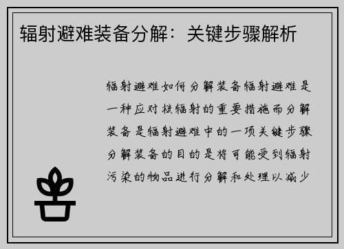 辐射避难装备分解：关键步骤解析